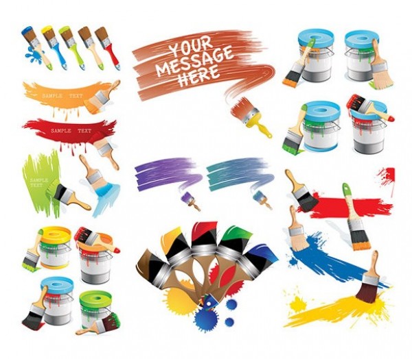 Colorful Paint Cans & Brushes Vector Graphics web vector unique ui elements stylish splatter quality paint stroke paint can paint brushes paint original new interface illustrator high quality hi-res HD graphic fresh free download free elements download detailed design creative colors colorful brush   