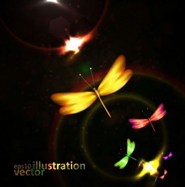 Glowing Colors Dragonfly Vector Background web vector unique ui elements stylish quality original new interface illustrator high quality hi-res HD graphic glowing fresh free download free fireflies eps elements dragonfly dragonflies download detailed design creative colors colorful circles black background   