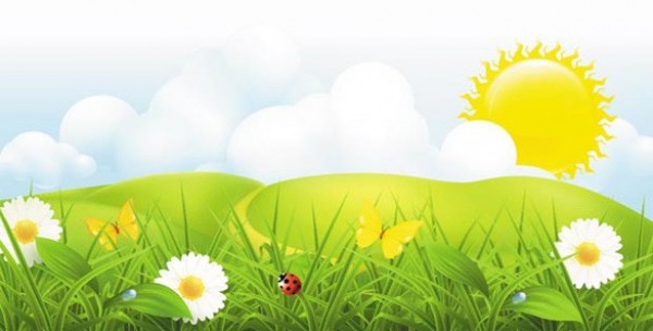 Springtime in the Country Vector Background web vector unique sunny sun stylish spring scene quality pathway original new landscape illustrator high quality green graphic fresh free download free flowers floral download design daisies creative countryside background   