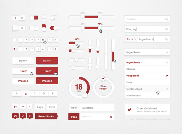 Snazzy Pizza Web UI Elements Kit PSD white web unique ui set ui kit ui elements psd ui elements ui tooltips toggles tags stylish sliders set selector bar search field red ui kit red quality psd progress bar Pizza ui kit pagination original new modern login form interface input fields hi-res HD fresh free download free flat elements dropdown menu download detailed design creative clean check boxes buttons   