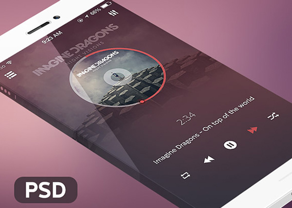 Sleek Elegant iOS 7 Music Player App PSD web unique ui elements ui stylish quality psd player original new music player modern iOS 7 music player iOS 7 music app ios 7 interface hi-res HD fresh free download free elements download detailed design creative clean audio app   