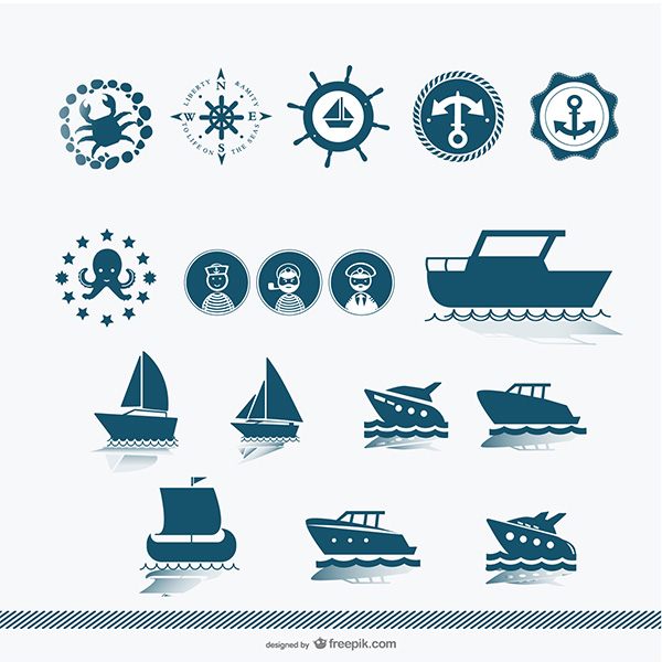 Nautical Boats and Seafaring Vector Elements vector silhouette ships sea creatures sailboat octopus nautical icons free download free crew captain boats badges anchors   