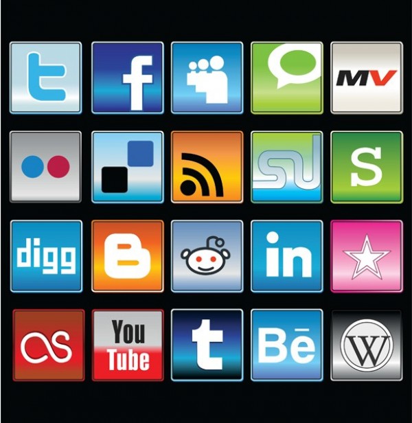 16 Glossy Colorful Social Media Icons Vector Set web vector unique ui elements stylish square social icons set social quality pdf original new networking jpg interface illustrator icons high quality hi-res HD graphic fresh free download free eps elements download detailed design creative colorful bookmarking ai   