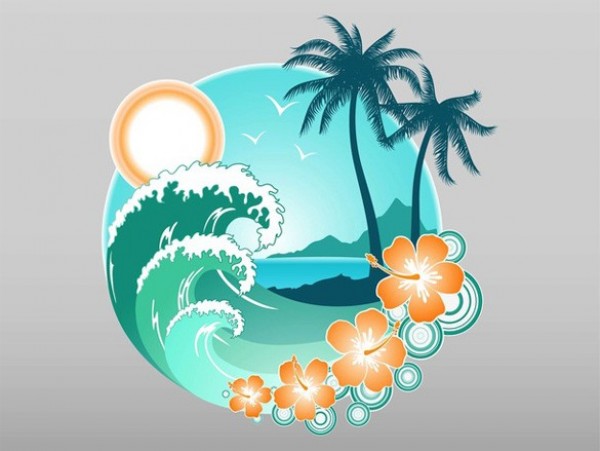 Tropical Island Vacation Logo Vector Graphic web vector vacation unique ui elements tropics tropical island tropical travel stylish quality pdf palm trees original ocean waves new logo interface illustrator high quality hibiscus flower hi-res HD graphic fresh free download free elements download detailed design creative ai   