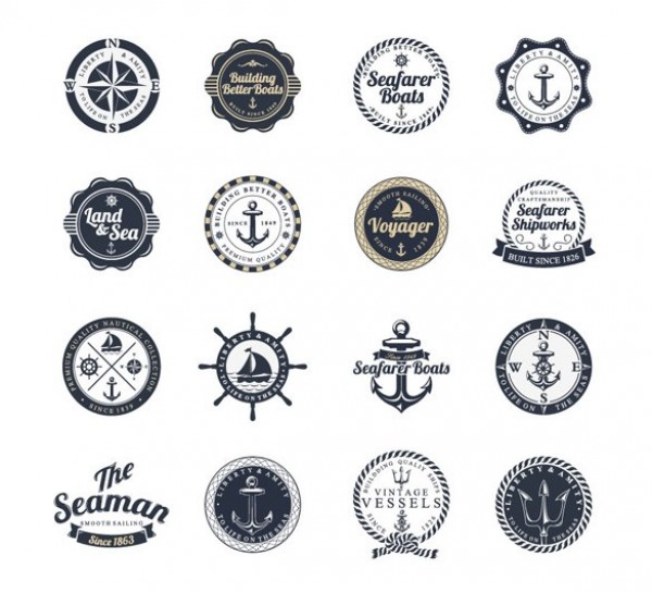 16 Seafaring Labels & Stamps Vector Set web vector unique ui elements stylish stamps ships ship wheel set sea sailing boat rope quality original ocean new navy labels interface illustrator high quality hi-res HD graphic fresh free download free eps elements download detailed design creative compass captain boats blue badge anchors   