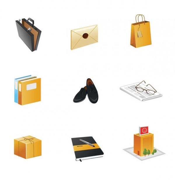 9 Business Office Theme Vector Icons Set web vector unique ui elements stylish shopping bag quality original office notebook newspaper new letter interface illustrator icon high quality hi-res HD graphic glasses fresh free download free elements dress shoes download detailed design creative commerce business building briefcase box   