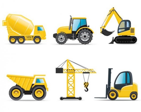 6 Yellow Construction Vehicle Icons Vector Set yellow web vehicle vector unique ui elements tractor stylish quality original new interface illustrator icons high quality hi-res HD graphic fresh free download free fork lift eps elements dump truck download detailed design creative crane construction vehicle construction icons set construction cement truck back hoe   