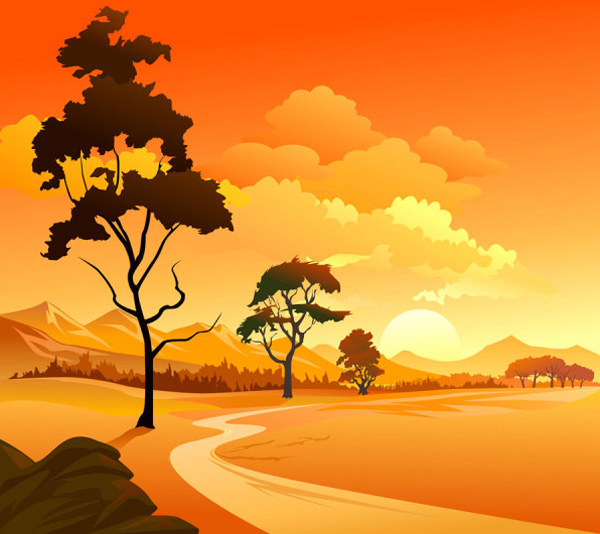 Orange Countryside Sunset Background web vector unique ui elements trees sunset stylish river quality peaceful original orange new landscape interface illustrator high quality hi-res HD graphic fresh free download free fields eps elements download detailed design creative countryside country cartoon background   
