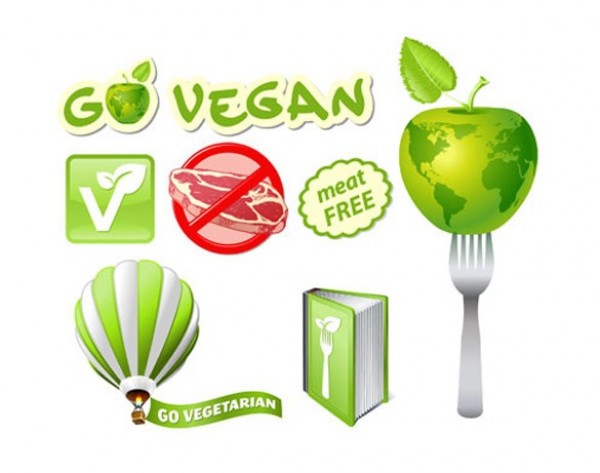 Green Go Vegan Vector Logo & Icons Set web vegetarian vegan vector unique ui elements stylish set quality original no meat sign new meat free logos interface illustrator icons high quality hi-res HD green graphic Go Vegan fresh free download free eps elements download detailed design creative book apple air balloon   