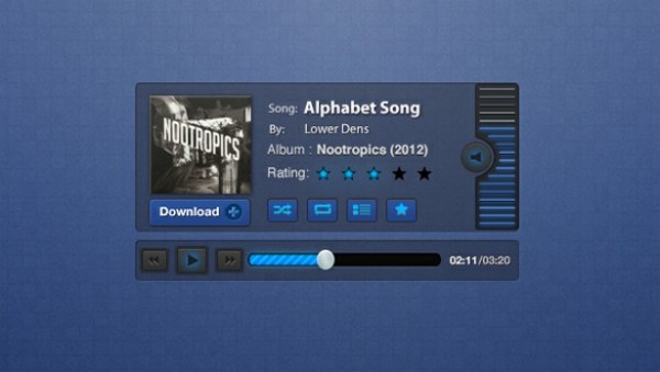 Gorgeous Audio Player Interface PSD web unique ui elements ui track stylish rating quality psd progress player original new music player mp3 modern interface hi-res HD fresh free download free elements download detailed design creative controls clean blueprint blue audio player album   