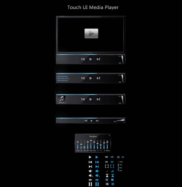 Sleek Black Touch UI Media Player PSD web video unique ui elements ui touch stylish quality psd player original new music mp3 modern media interface hi-res HD fresh free download free elements download detailed design creative clean black audio player   