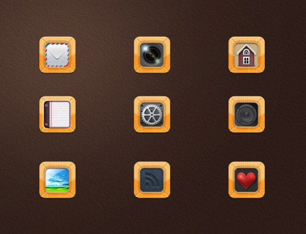 9 Wooden Frame Web Icons Set PSD wooden frame wooden wood web unique ui elements ui tools stylish set quality psd original notes new modern mail lens interface icons home hi-res HD fresh free download free frame favs elements download detailed design creative clean   