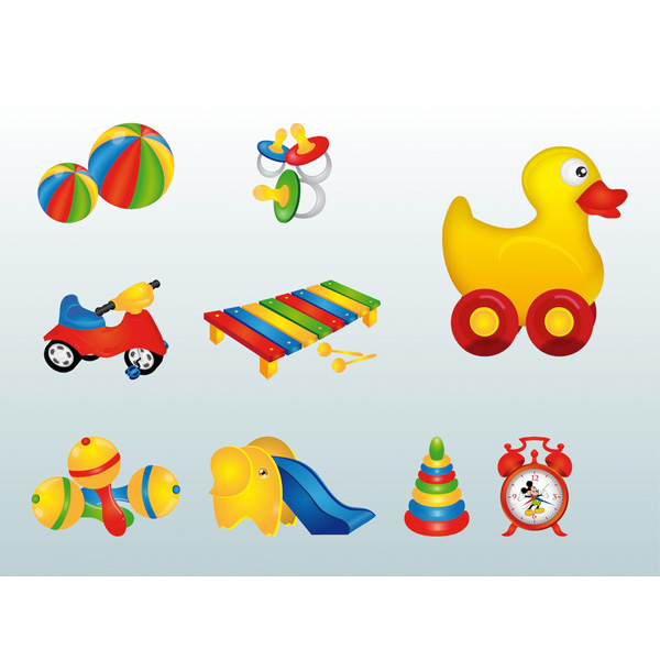 9 Brightly Colored Children's Toys Vector Set xylophone web vector unique ui elements stylish stackable rings soothers slide set riding duck quality plastic original new Mickey Mouse clock interface illustrator high quality hi-res HD graphic fresh free download free Fisher Price toys elements download detailed design creative colorful children toys bright balls baby toys baby bike ai   