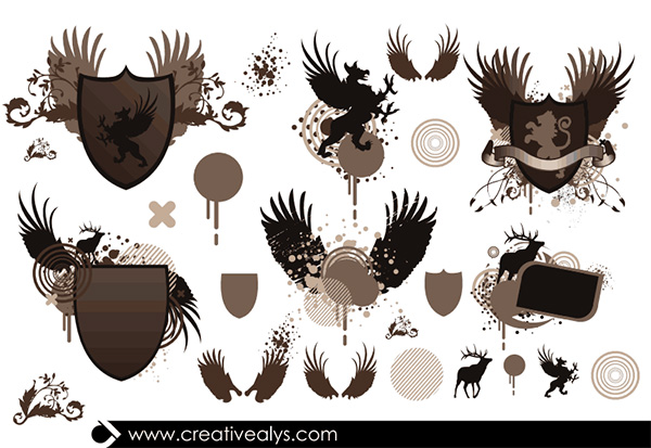 Vintage Heraldry Vector Elements Set wings vintage vector shields lions heraldry heraldic grunge free download free elements banners   