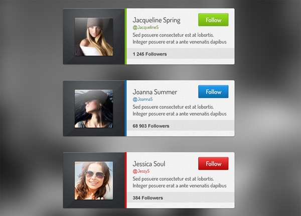 3 Attractive Flat Style Profile Widgets Set PSD web unique ui elements ui stylish set red quality psd profile widget profile photo frame photo original new modern interface image frame hi-res HD green fresh free download free follow button flat elements download detailed design dark creative clean box blue badge   