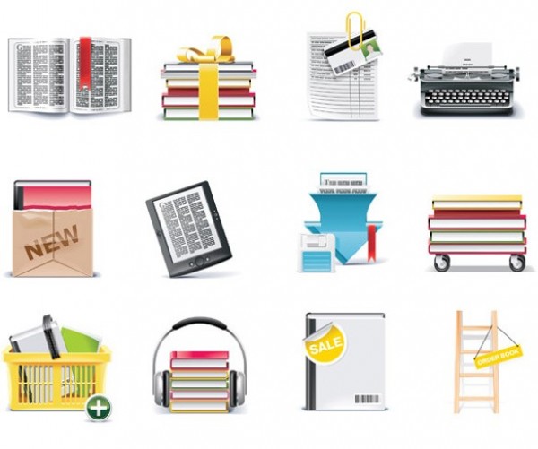 12 Quality Library & Book Store Vector Icons Set web vector unique ui elements typewriter stylish quality original new library interface illustrator icons high quality hi-res headphones HD graphic fresh free download free elements download detailed design creative books book store   