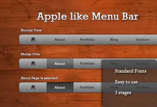 Apple Inspired Navigation Menu Bar PSD web unique ui elements ui stylish simple quality pressed original new navigation bar navigation modern menu interface hover hi-res HD grey gray fresh free download free elements download detailed design creative clean buttons bar apple acitve   