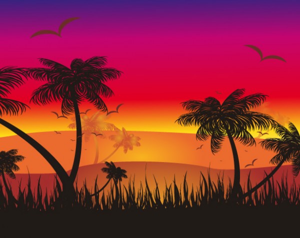 Hot Tropical Sunset Silhouette Background web vectors vector graphic vector unique ultimate tropics tropical sunset sun silhouette red quality photoshop palm tree pack original orange new modern illustrator illustration high quality fresh free vectors free download free download design creative bird background ai   
