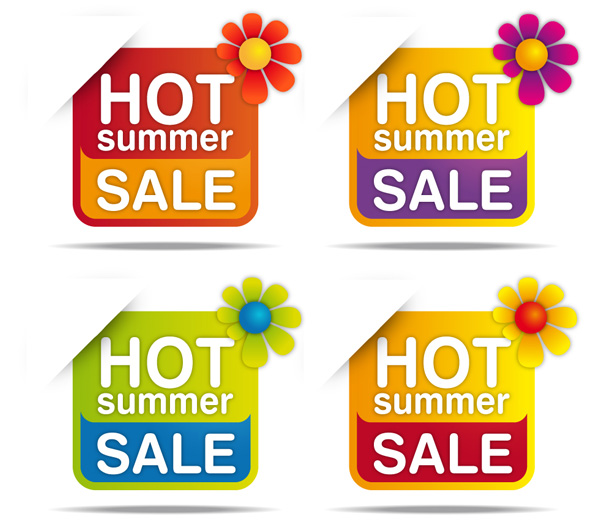 4 Colorful Summer Sale Floral Labels Set vector summer sale sticker sales promotional promo labels label free download free floral colorful   