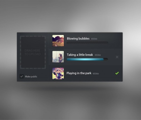 Dark Drag to Upload Image Widget PSD widget web uploader unique ui elements ui stylish quality psd progress bar photo upload original new modern interface image upload hi-res HD fresh free download free elements drag to upload drag and drop download detailed design dark creative clean check box   