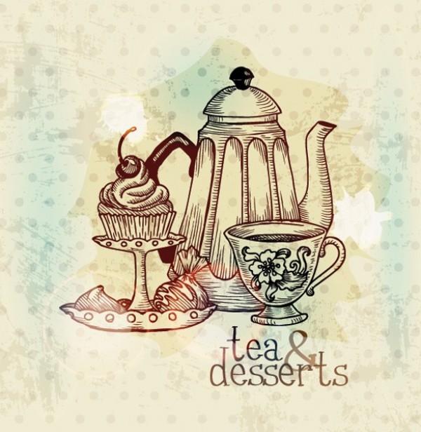 European Tea & Dessert Painting Background web vintage vector unique ui elements teapot teacup stylish retro quality original new interface illustrator high quality hi-res HD grunge graphic fresh free download free European eps elements download detailed desserts design cup and saucer creative background   
