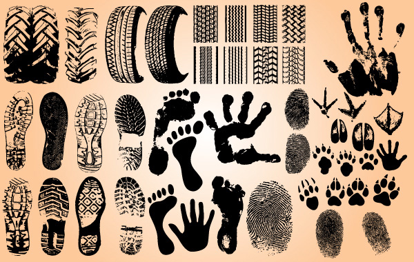 Hand Foot Tire Track Prints Vector Set vector tires tire track prints paws paw print hand print grunge free download free footprint foot feet boot track bird claws   
