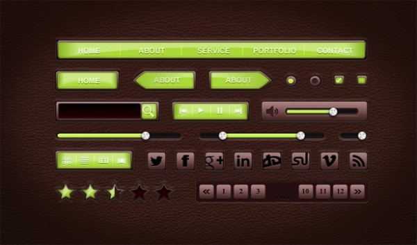 Quality Leather Style UI Elements Kit PSD web unique ui set ui kit ui elements ui stylish star rating social icons sliders set search field quality psd player pagination original new navigation menu modern leather ui kit leather kit interface hi-res HD green fresh free download free elements download detailed design creative clean check boxes buttons   
