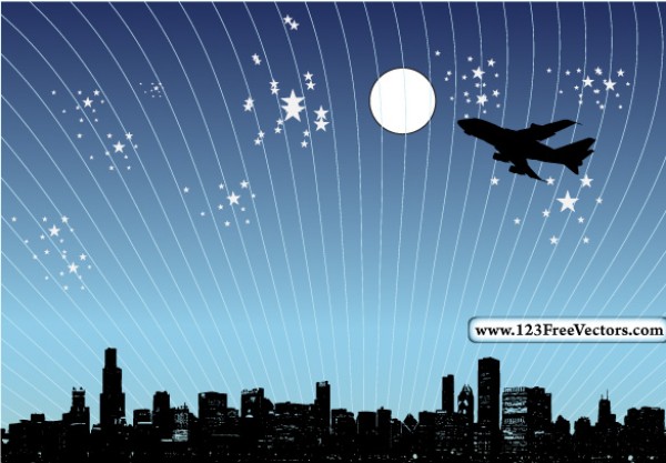 Night City Skyline Jet Silhouette Vector web vectors vector graphic vector unique ultimate skyline silhouette quality photoshop pack original night new modern jetliner jet illustrator illustration high quality fresh free vectors free download free download design creative city background airplane ai   
