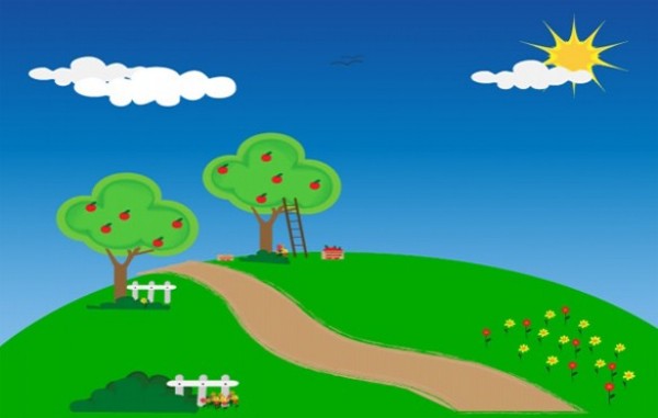 Cartoon Style Apple Trees Countryside Background web vector unique ui elements sunshine stylish quality picket fence original new interface illustrator high quality hi-res HD graphic fresh free download free elements download detailed design creative countryside cloud cartoon blue skies background apple trees ai   