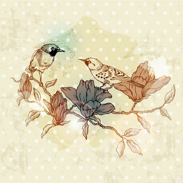 Delicate Birds on a Branch Vintage Background web vintage vector unique ui elements subtle stylish quality original old fashioned new interface illustrator high quality hi-res HD hand drawn grunge graphic fresh free download free floral European eps elements drawing download dotted detailed design creative branch birds background   