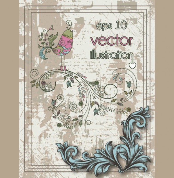 Delicate Floral Bird Vector Background web vintage vector unique stylish retro quality ornate ornament original new illustrator high quality hand painted had drawn grungy grunge graphic fresh free download free floral download design delicate decoration dainty creative bird background   