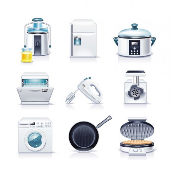 9 Realistic Kitchen Appliances Vector Icons web waffle maker vector unique ui elements stylish slow cooker quality original new mixer meat grinder kitchen juicer illustrator icons ice maker high quality hi-res HD graphic frying pan fresh free download free dryer download dishwasher design creative can opener appliance   