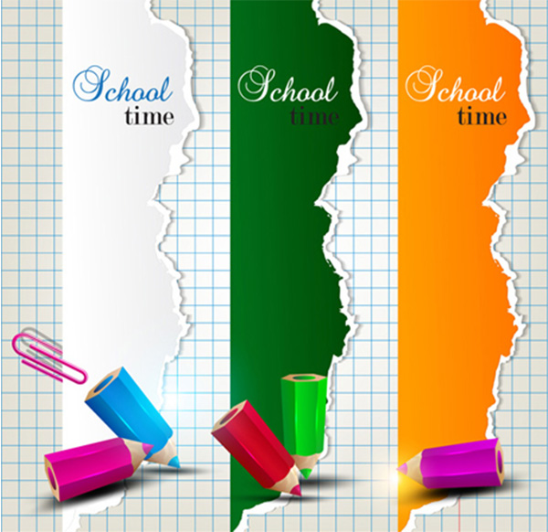 Colorful Ripped Paper School Banners Set vertical vector torn school ripped pencils paper grid paper free download free colorful banners background   