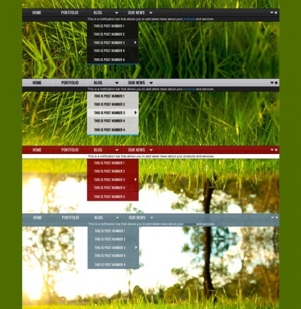 4 Dropdown Menus with Notification Bar PSD web unique ui elements ui stylish slim set red quality psd original notification bar new navigation menu navigation modern interface hi-res HD grey fresh free download free elements download detailed design creative clean black   