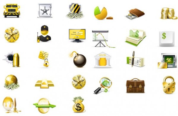 27 Gold Money & Security Vector Icons Set web vector unique ui elements stylish security Safe quality original new money lock interface illustrator icons high quality hi-res HD guard graphic gold fresh free download free elements download detailed design creative checkbook bullet hole bank armored truck   