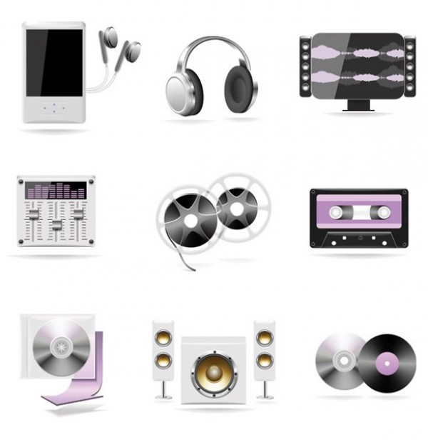 9 Music Theme Electronics Vector Icons Set web vinyl record vector unique ui elements stylish stereo speakers reel-to-reel quality original new music iPod interface illustrator high quality hi-res headphones HD graphic fresh free download free equalizer elements electronics download detailed design creative cd cassette tape   