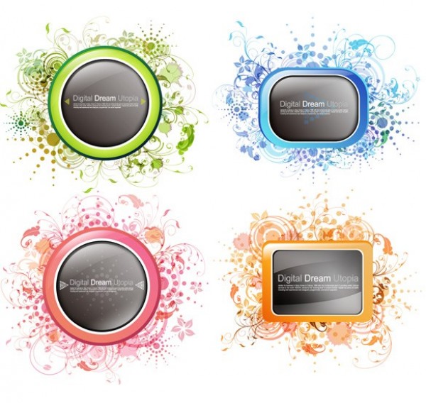 4 Colorful Floral Frames UI Vector Backgrounds web vector unique ui elements stylish quality original new interface illustrator high quality hi-res HD graphic fresh free download free frame flower floral elements download detailed design creative colorful background   