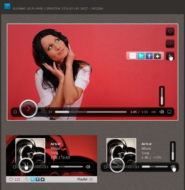 Elegant UI Audio Player with Screen PSD web video unique ui elements ui stylish social icons screen quality psd playlist player original new modern interface hi-res HD fresh free download free fav elements elegant download detailed design creative clean audio player album   