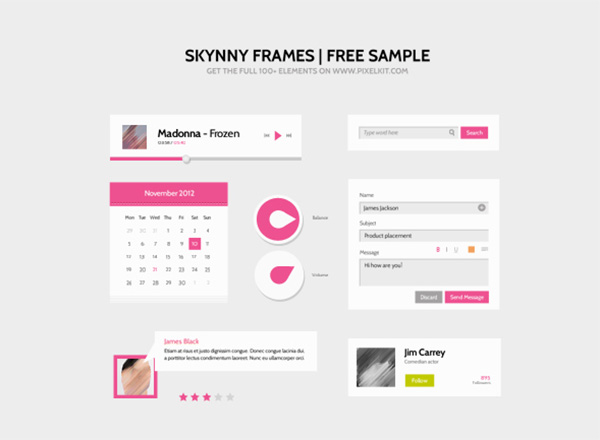 Skynny Frames Flat Web UI Elements Kit volume buttons ui set ui kit ui elements ui twitter follow widget skynny search field pink music player message box free download free flat calendar   