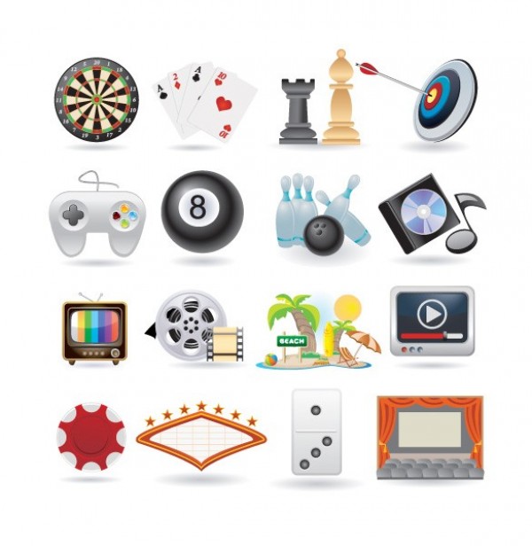 Recreation Entertainment Vector Icons Set web vector unique ui elements tv tropics travel stylish quality pool original new music interface illustrator icon high quality hi-res HD graphic games fresh free download free entertainment elements download detailed design darts creative controller cinema chess cards bowling   
