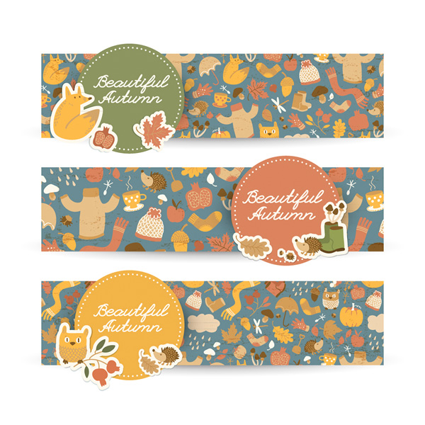 3 Autumn Theme Animal Badge Banners vector pattern owl leaves hedgehog headers free download free fox Fall banners autumn animals   