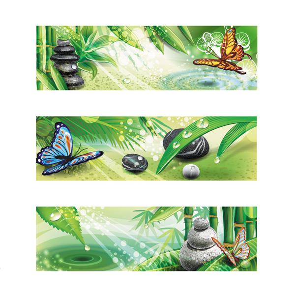 3 Zen Bamboo Garden UI Banners Vector Set Zen stones web vector unique ui elements stylish set quality peaceful original new nature banner nature interface illustrator high quality hi-res headers HD graphic garden banner garden fresh free download free floral elements download detailed design creative butterflies banners bamboo background Asian   