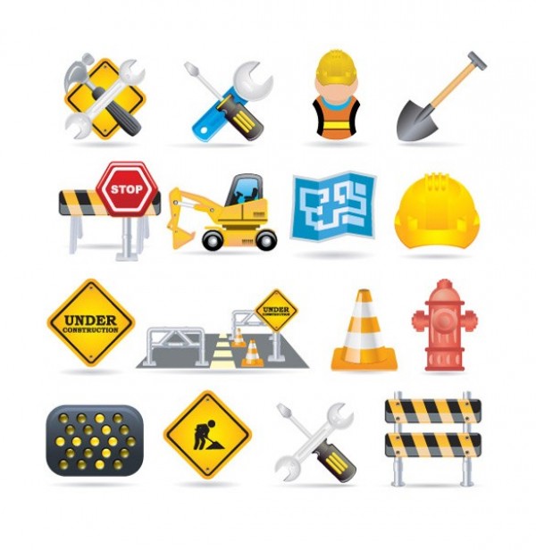 16 Construction Maintenance Vector Icons Set worker web vector unique ui elements tools stylish shovel set road sign road repair repair quality original new maintenance interface illustrator icons high quality hi-res HD graphic fresh free download free fire hydrant elements download detailed design creative construction caution barricade backhoe   