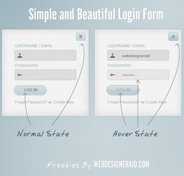 Clean Login Form in Normal/Hover State PSD web unique ui elements ui stylish state signin quality psd original new modern login interface hover hi-res HD fresh free download free form elements download detailed design creative clean box blue   