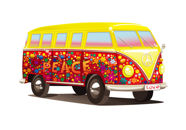 Colorful Hippie Van & Vintage Truck Vectors volkswagon van vintage truck vector van truck retro peace love hippie van free download free flowers colorful   