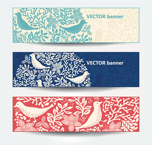 3 Folk Art Floral & Bird Banners Set vector set pattern headers free download free folk art floral bird banners art   