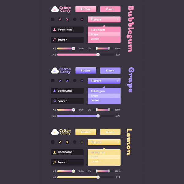 3 Cotton Candy Web UI Elements Kits PSD yellow web volume unique ui set ui kit ui elements psd ui elements kit ui elements ui stylish sliders search field search radio buttons quality purple progress bar pink original new modern interface input field hi-res HD fresh free download free elements dropdown psd download detailed design creative cotton candy colorful clean checkboxes buttons   