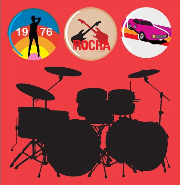 Retro Rock Silhouette Drums Vector web vector unique ui elements stylish sports car silhouette drums round buttons retro quality original new interface illustrator high quality hi-res HD graphic fresh free download free elements electric guitar drums set drums download detailed design creative buttons 1976   