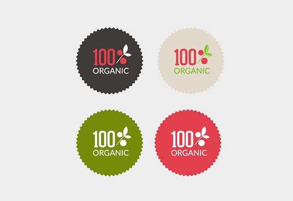 4 Serrated 100% Organic Eco Badges Set vector stickers serrated round organic labels free download free flat eco badges   