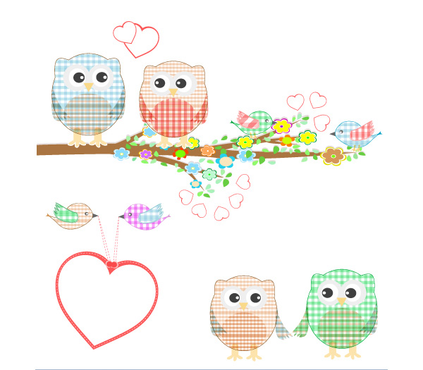Cute Owls and Birds on a Branch Illustration vector spring owls illustration free download free cute cartoon branch birds background   